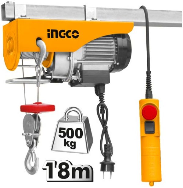 INGCO 900W Electric Wire Hoist 250kg/500kg Capacity with 18m Lifting Height – 220-240V